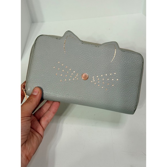 Ted Baker Handbags - Ted Baker London Grey Leather Cat Face Zip Around Wallet Rose Gold Whiskers